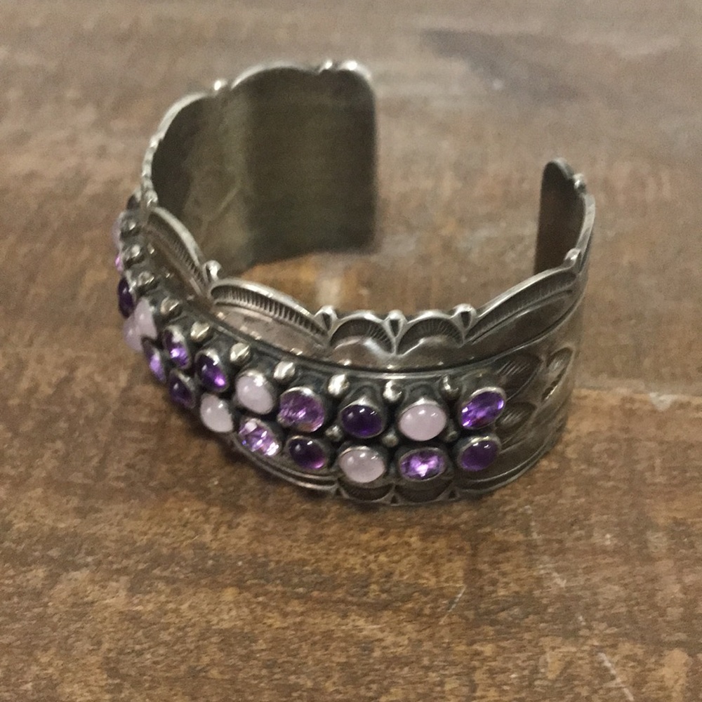 vintage sterling designer El Tom purple stone native american cuff bracelet - Picture 7 of 12